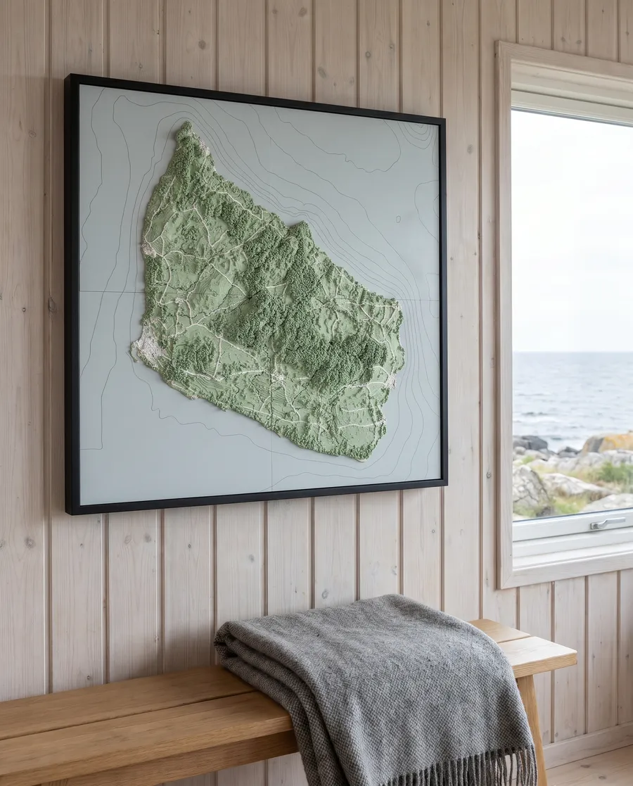 Bornholm i 60 cm på en træbeklædt væg