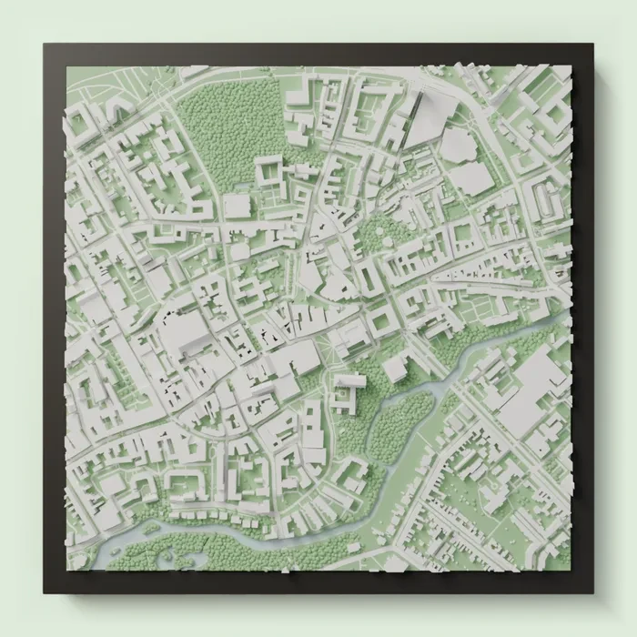 3D-print af Odense, H.C. Andersen-kvarteret i sort ramme